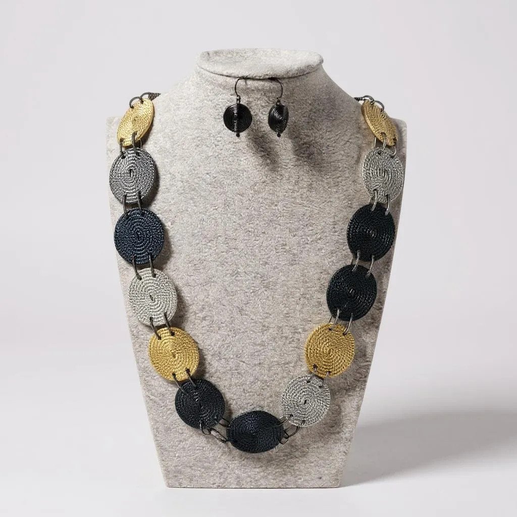 Four Tone Oval Flat Lucite Shape Linked Long Necklace Earring Set